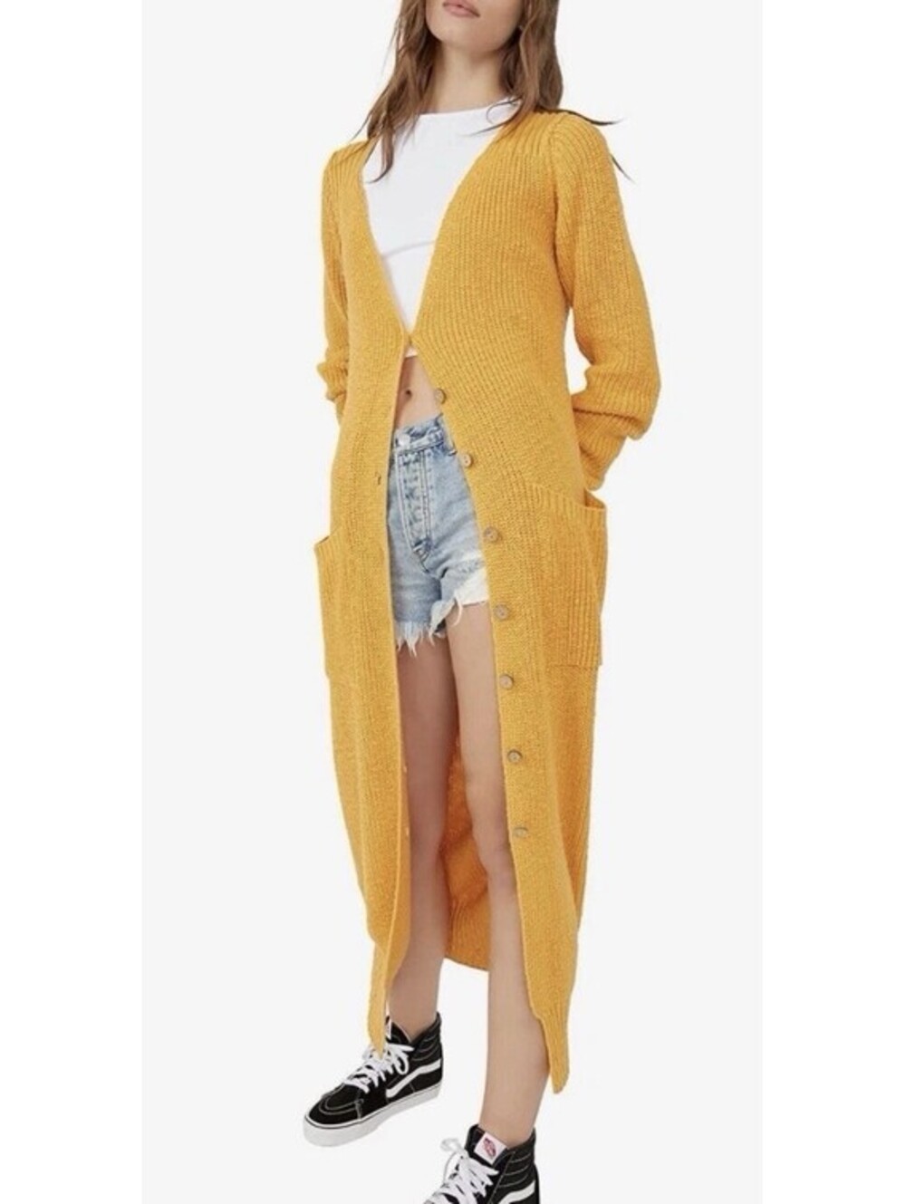 Free People Size M It's Alright Cardi Maxi Apricot Cardigan Ribbed KnitSweater